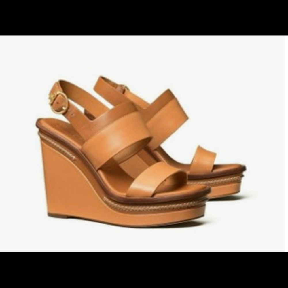 Tory Burch Brown Selby 120 Beige Leather Buckle Strap Reva Wedge Sandals